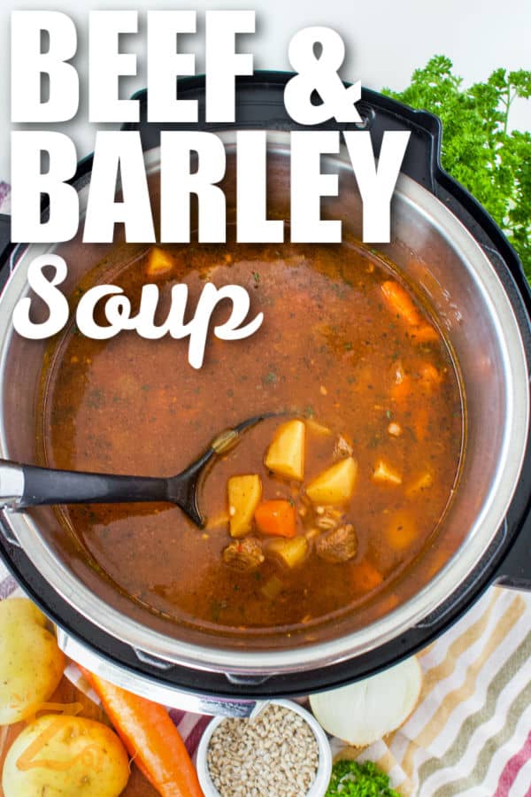 Instant Pot Beef Barley Soup in the pot with a title