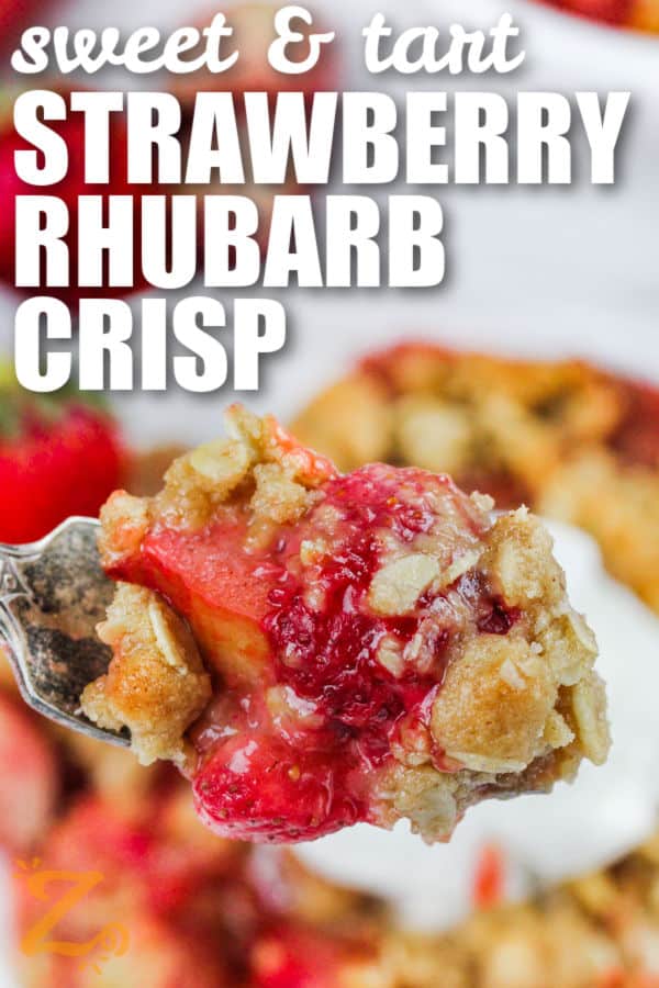 Strawberry Rhubarb Crisp on a fork with a title