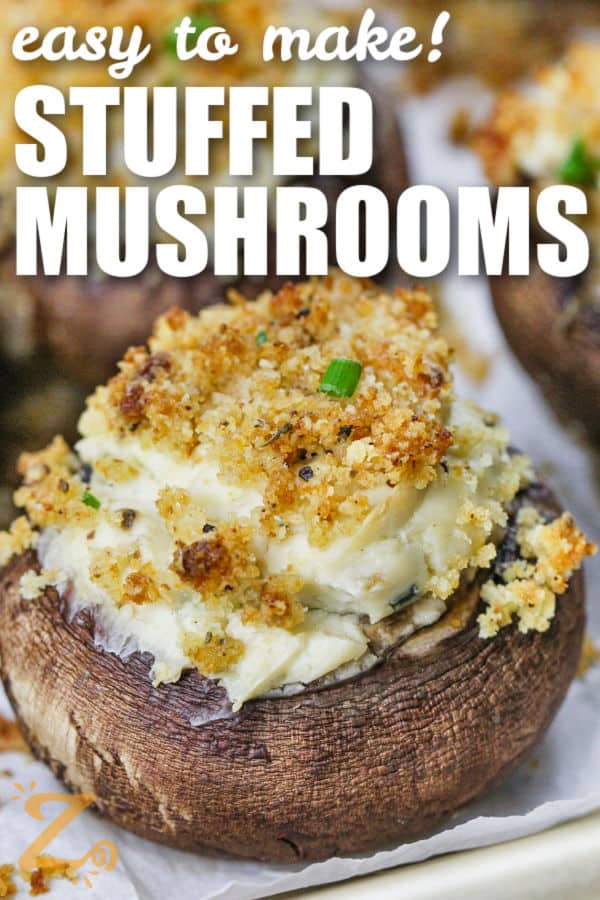 close up of Stuffed Mushrooms with a title