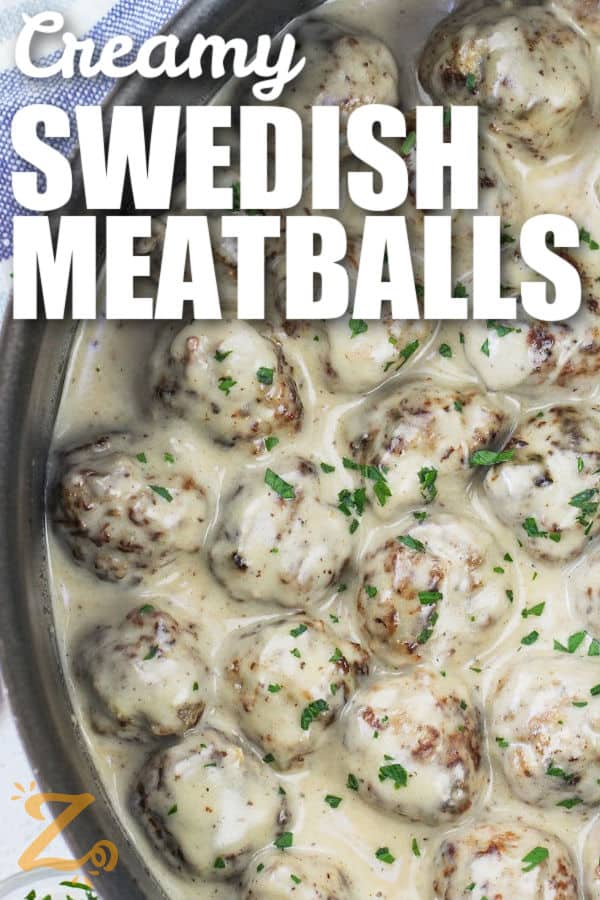 Swedish Meatballs in the pan with writing