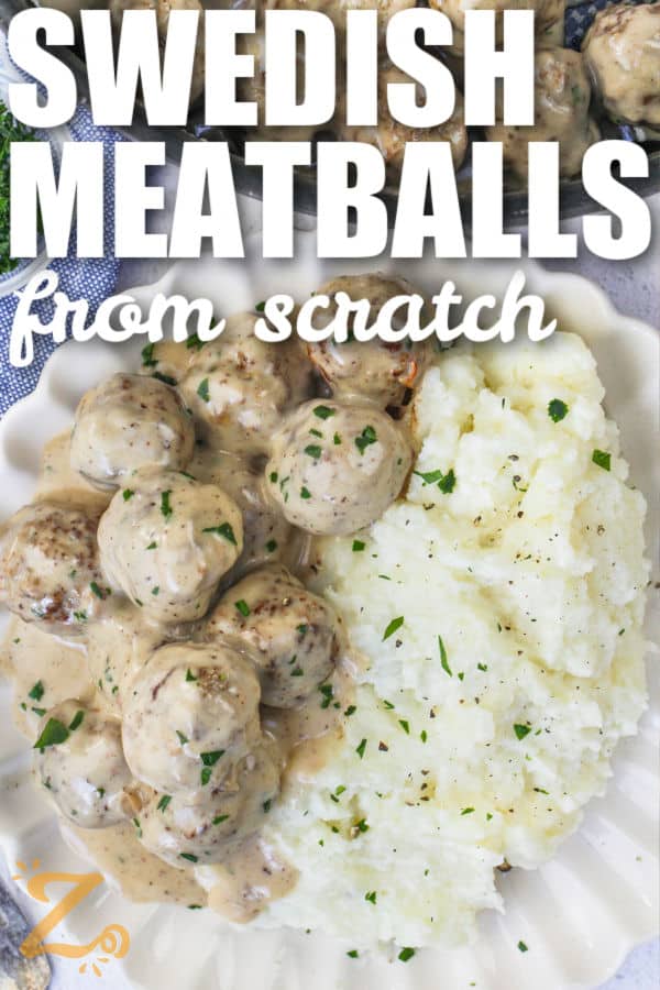 Swedish Meatballs with mashed potatoes with writing