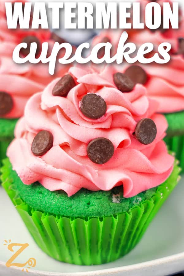 close up of Watermelon Cupcakes with frosting and chocolate chips with writing