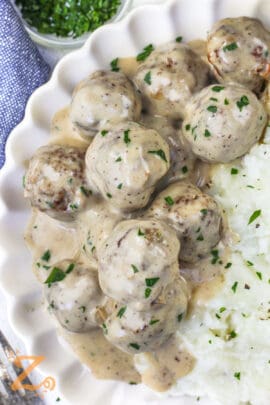 close up of Swedish Meatballs with mashed potatoes