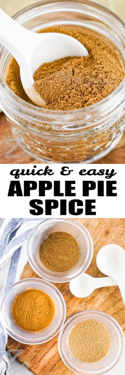spices in glass cups and jar of Apple Pie Spice with a title
