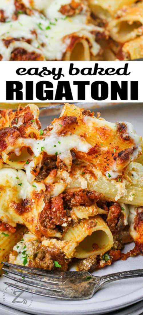 close up of Baked Rigatoni with a title