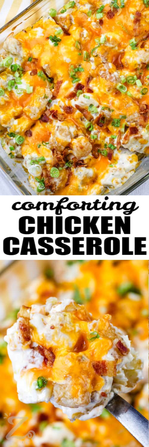 Crack Chicken Casserole in the dish and on a spoon with writing