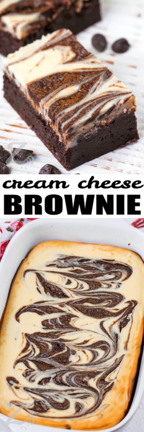 Cream Cheese Brownies in the dish and plated with a title