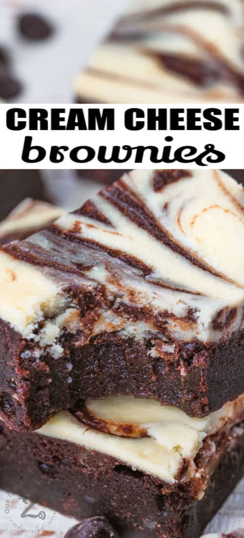 close up of Cream Cheese Brownies with a bite taken out and a title