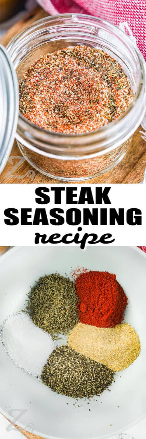 spices in a bowl to make Steak Seasoning and finished seasoning in a jar with a title