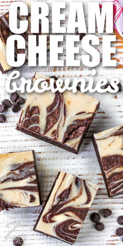 plated Cream Cheese Brownies with a title