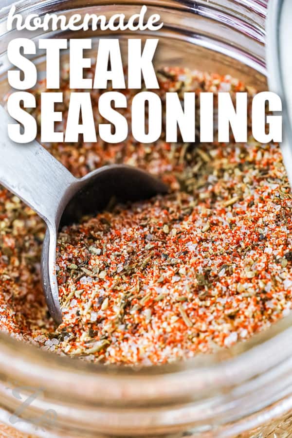 close up of Steak Seasoning with a scooper and a title