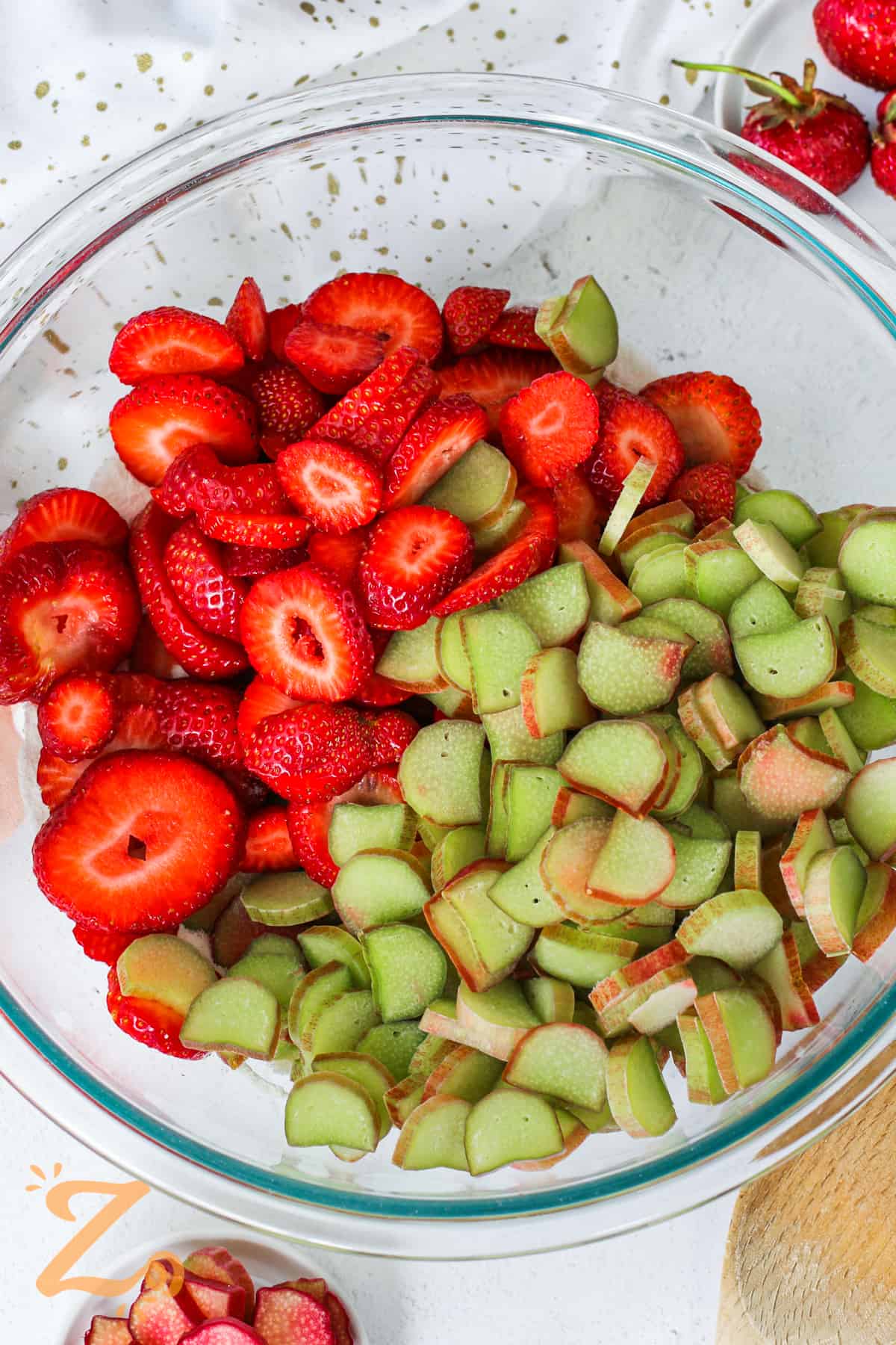 strawberry and rhubarb sliced in a bowl