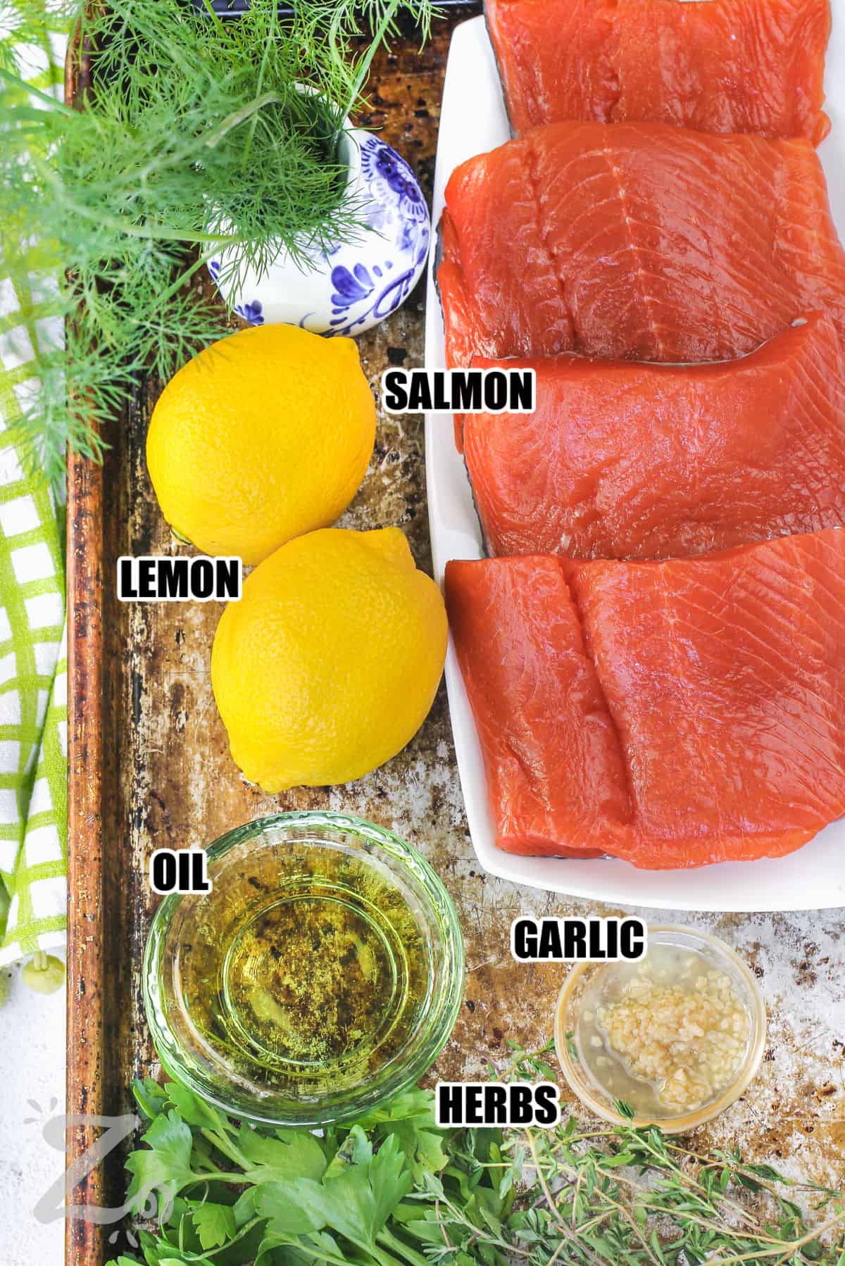 ingredients to make a salmon fillet labeled