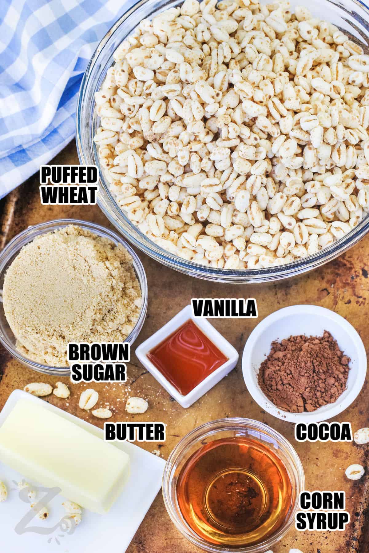 Ingredients to make puffed wheat squares labeled