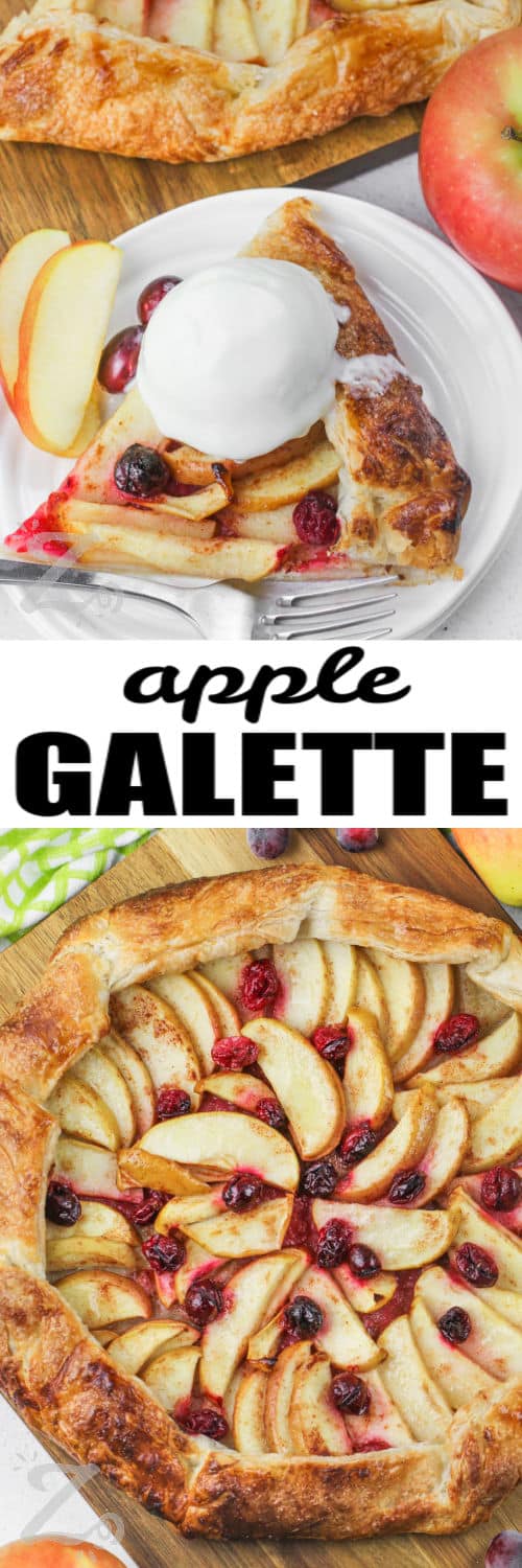 baked Apple Galette and a slice on a plate with ice cream and writing