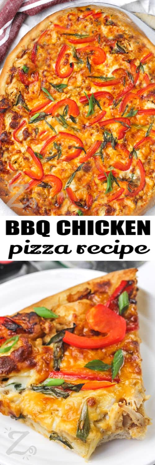 a baked BBQ chicken pizza, and a slice of pizza with a bite taken out of it under the title