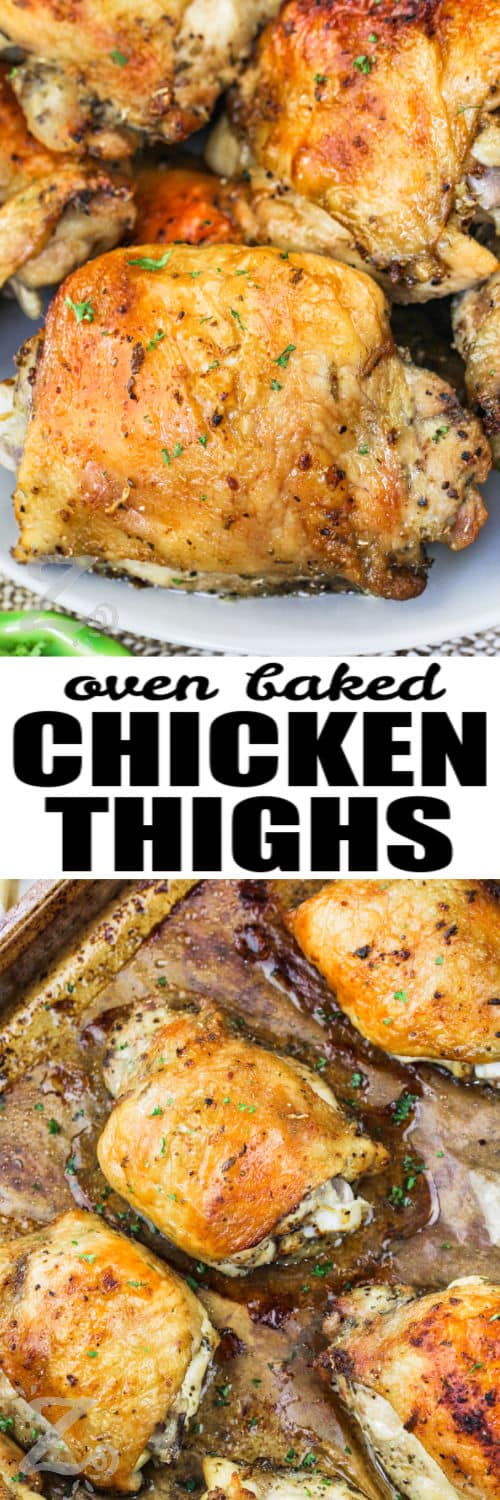 Baked Chicken Thighs on a sheet pan and plated with a title