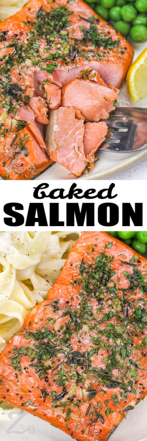 Top image - a salmon fillet being eaten with a fork. Bottom image - a baked salmon fillet on a plate with text