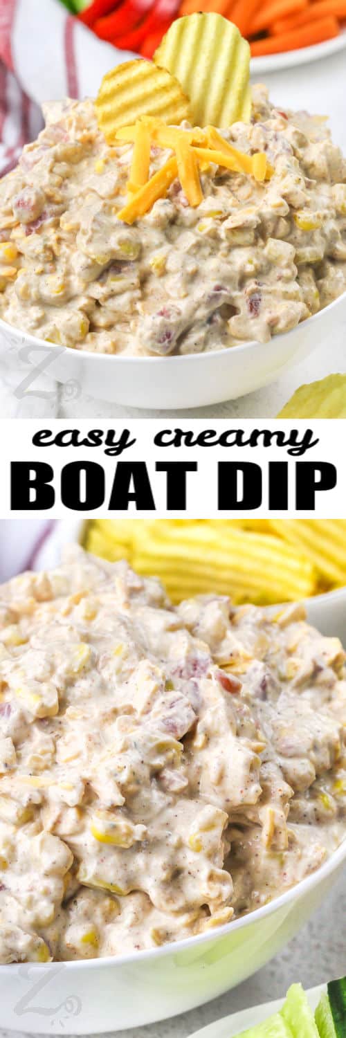 boat dip in a white bowl with cheese and chips as garnish, and close up of boat dip under a title.