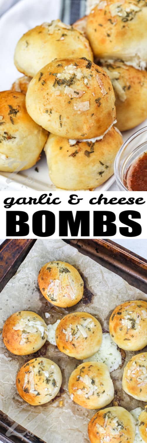 Top image - garlic cheese bombs stacks on a serving tray. Bottom image - garlic cheese bombs baked on a baking pan with text