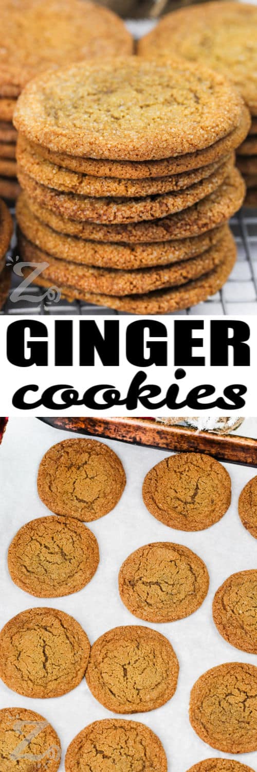 Ginger Cookies baked on a sheet pan and in a stack with a title