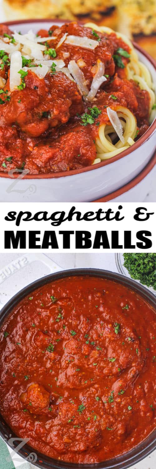 Top image - a bowl of meatballs and sauce over spaghetti. Bottom image - meatball sauce prepared in a pan with text.