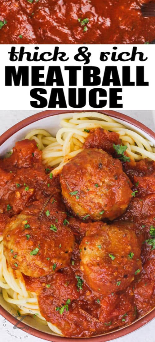 A bowl of meatballs with sauce over spaghetti with text