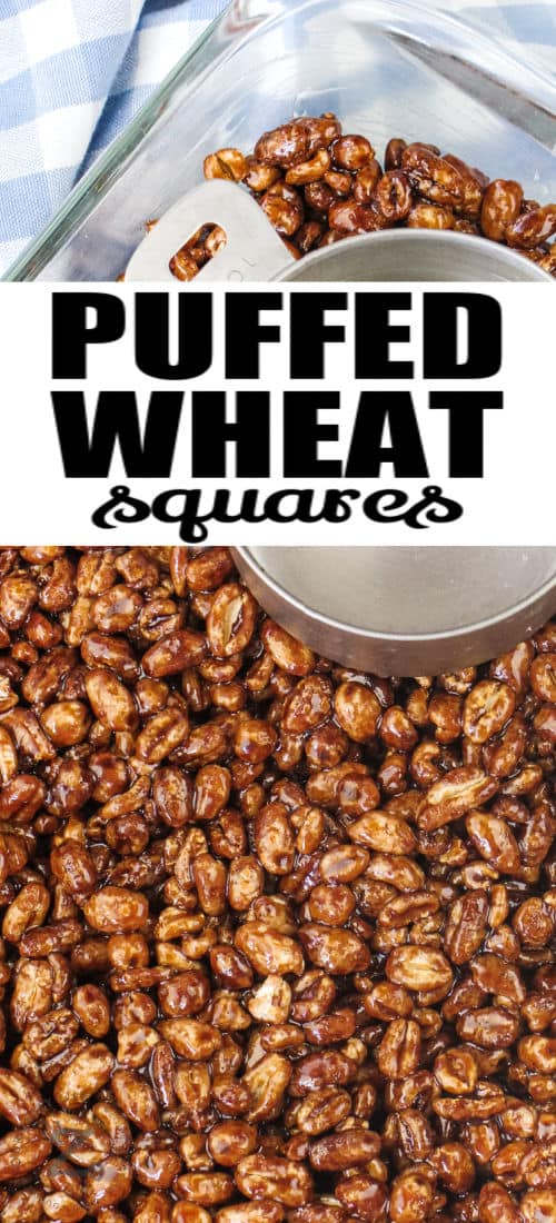 Puffed wheat squares prepared in a pan with text