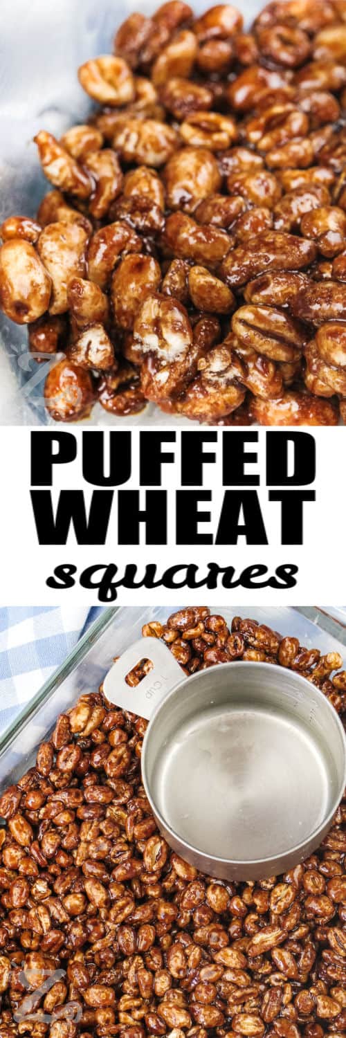 top image - puffed wheat square mixture prepared in a bowl. Bottom image - puffed wheat mixture being pressed into a pan with text