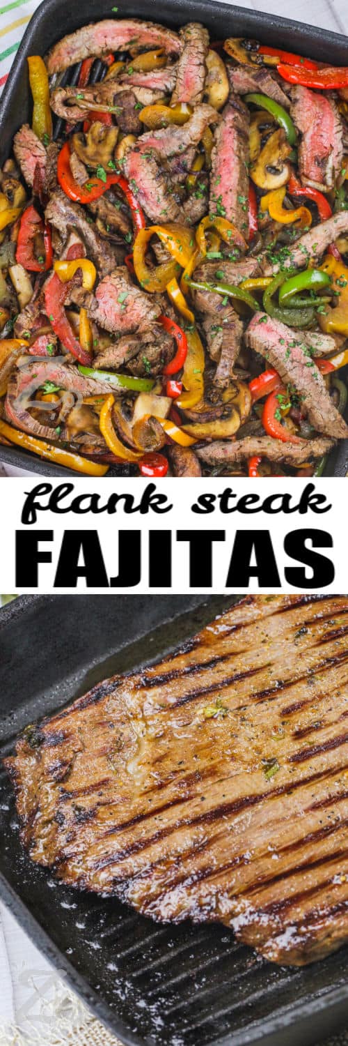 cooked steak and cut steak with vegetables to make Steak Fajitas with a title