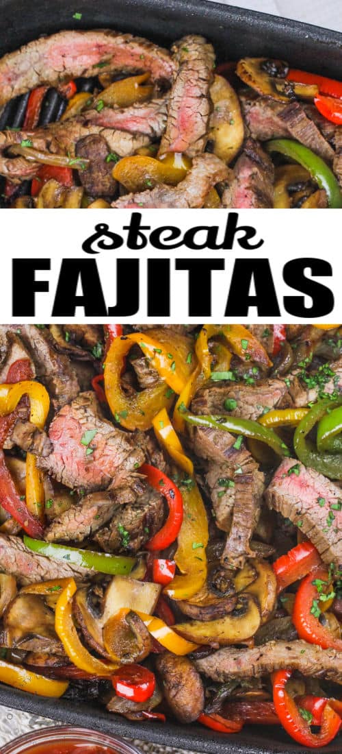 close up of Steak Fajitas filling with a title