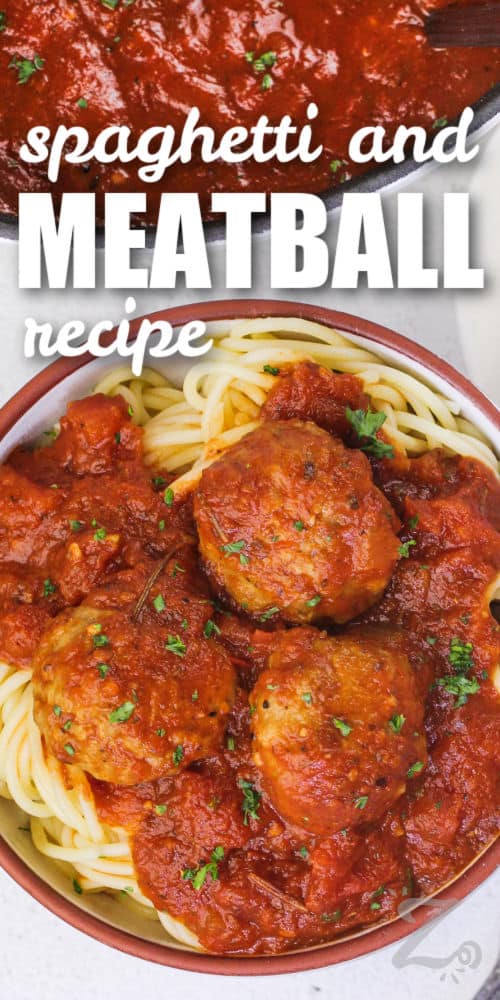 a serving of spaghetti and meatballs with sauce with text