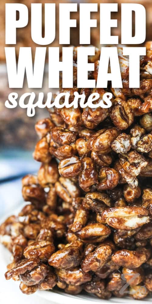 A stack of puffed wheat squares with text