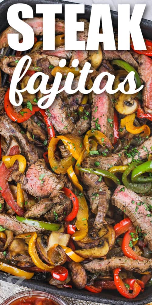 close up of Steak Fajitas filling with a title