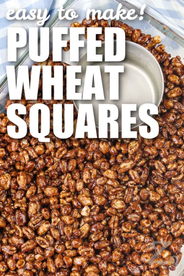 Puffed wheat squares being pressed into a pan with text
