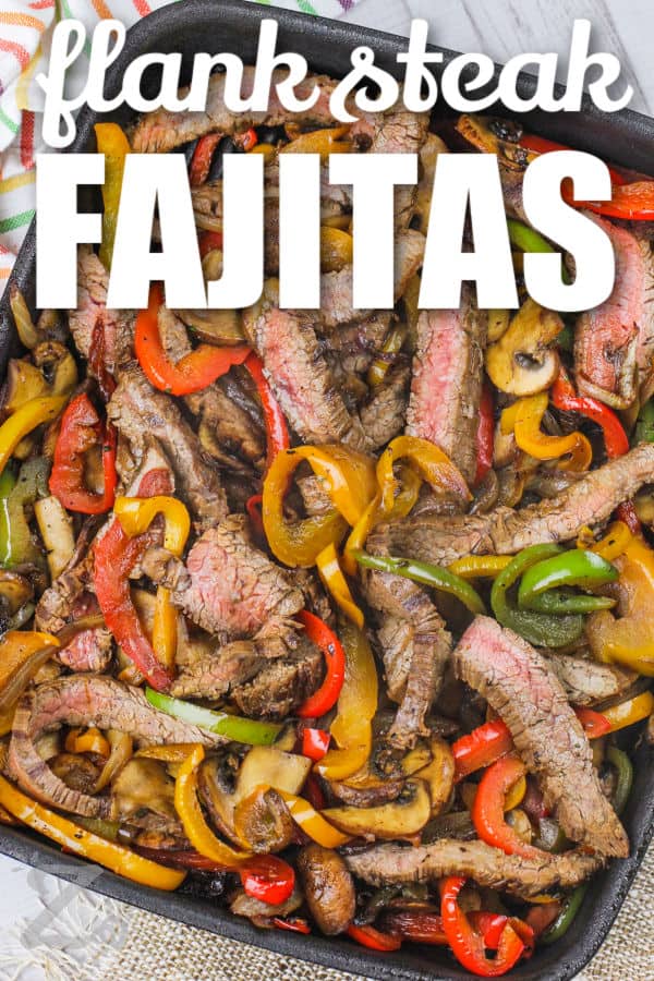 Steak Fajitas filling in a fryer with a title
