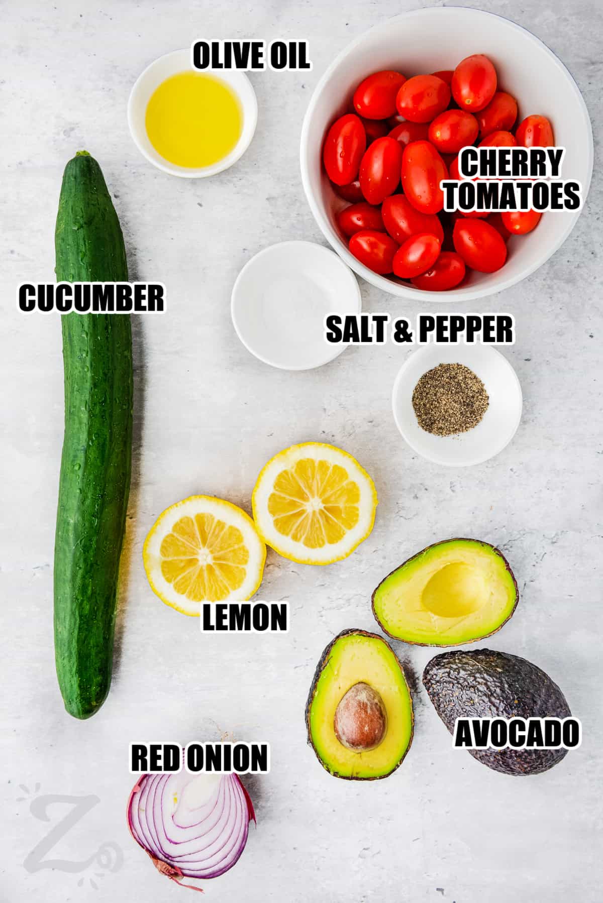 ingredients to make avocado salad labeled: cucumber, cherry tomatoes, olive oil, salt and pepper, lemon, avocados, red onions