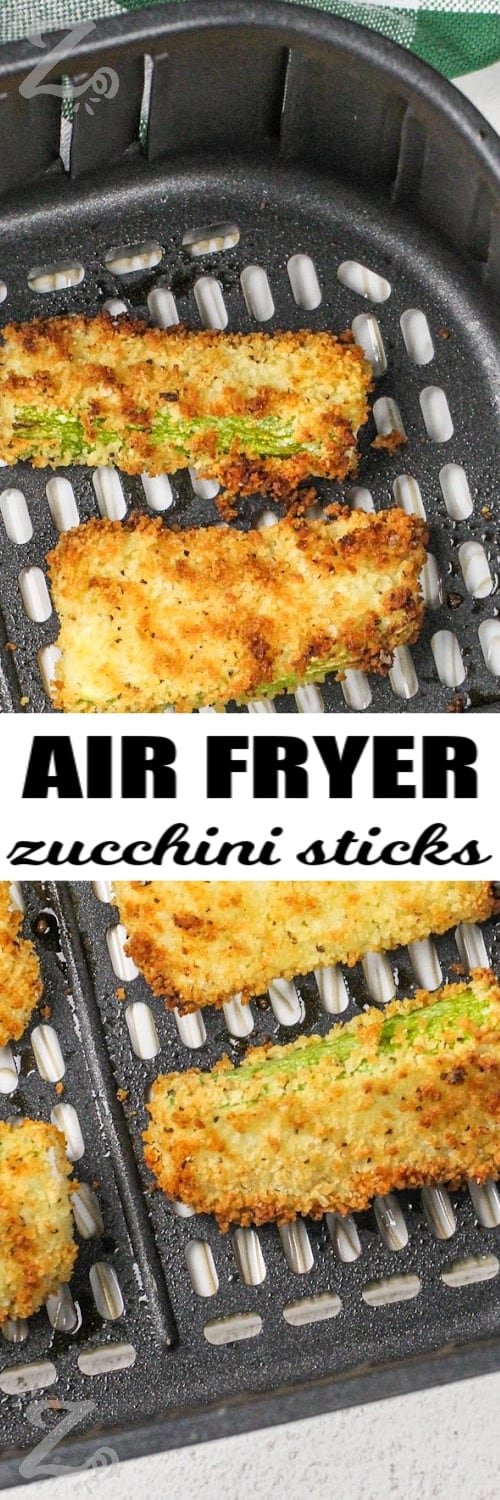 breaded zucchini sticks cooked in an air fryer basket with text