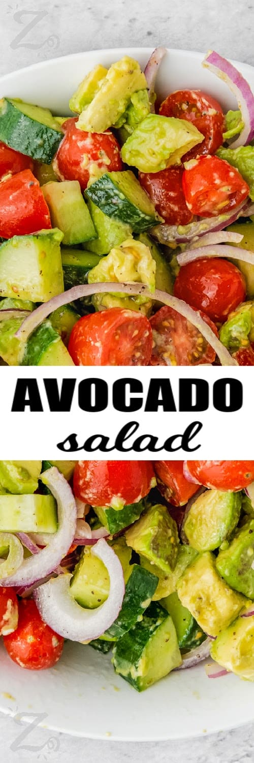 a serving dish avocado salad with text