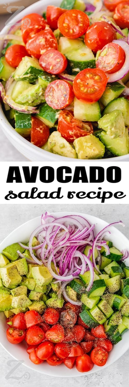 top image - a prepared avocado salad in a serving dish. bottom dish - ingredients for make avocado salad in a bowl with text