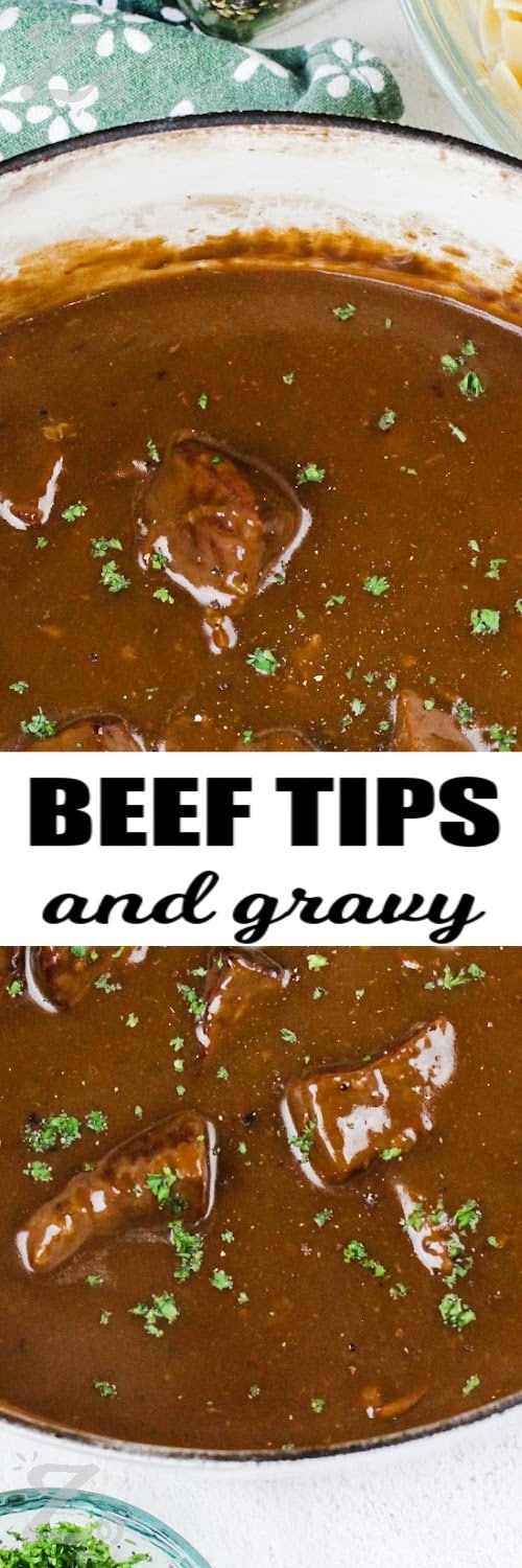 Beef tips and gravy with text