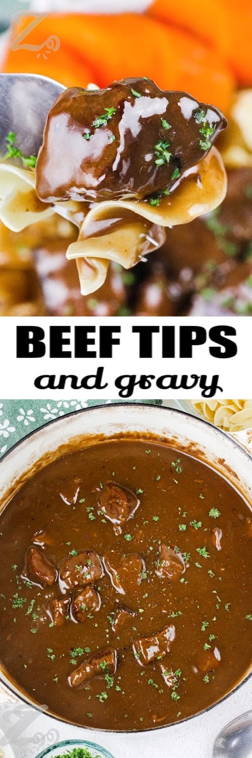 top image - forkful of beef tips and noodles. Bottom image - beef tips in gravy with text