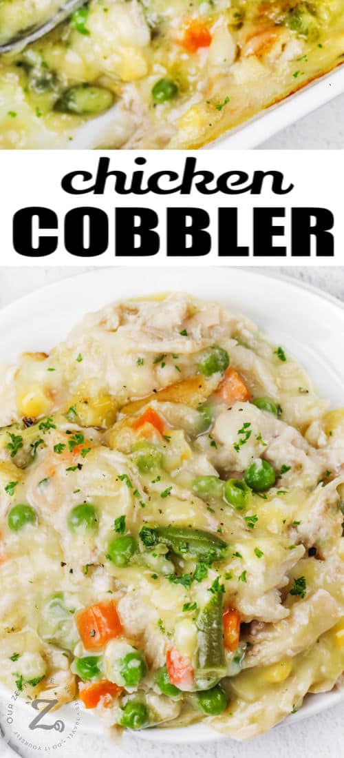 A serving of chicken cobbler in a bowl with text