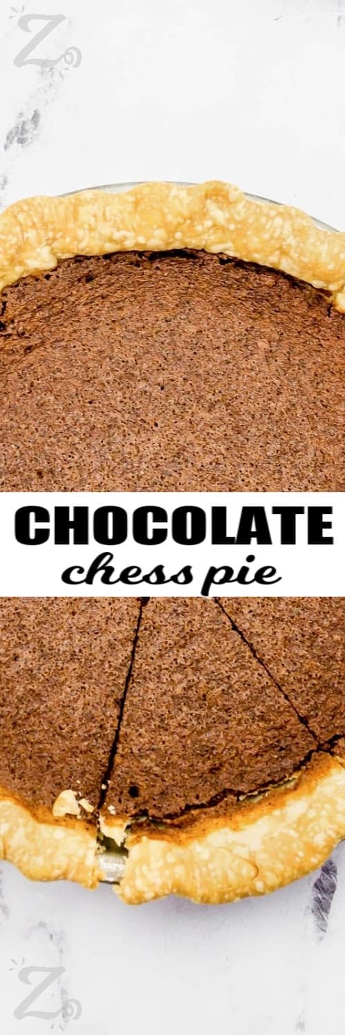 a slice cut out of chocolate chess pie with text
