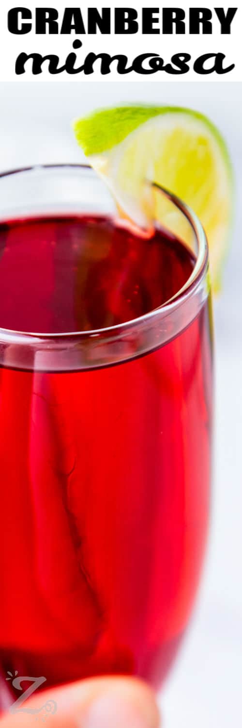 close up of Cranberry Mimosas with a title