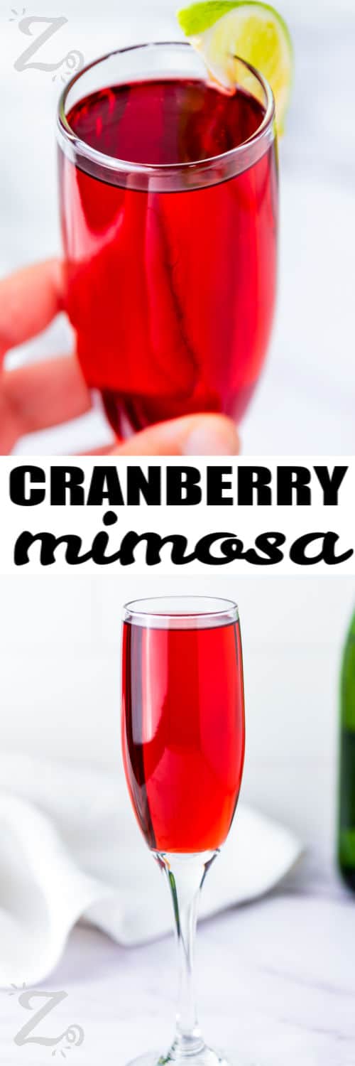 Cranberry Mimosa in a glass and close up with a title