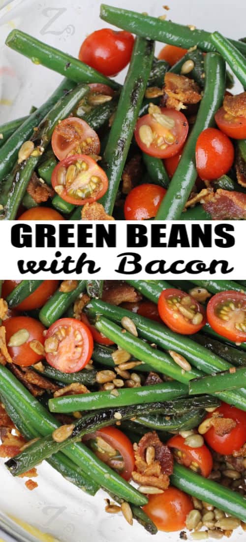 close up of Green Beans with Bacon in a bowl with writing