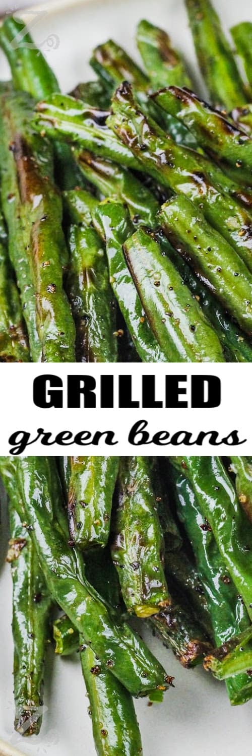 Grilled green beans on a plate with text