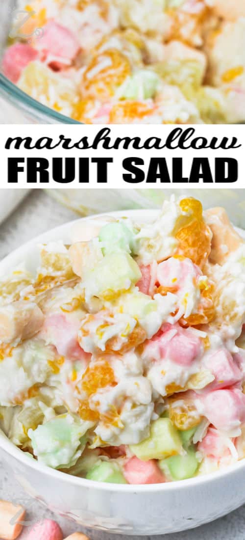 bowl of Marshmallow Salad with a title