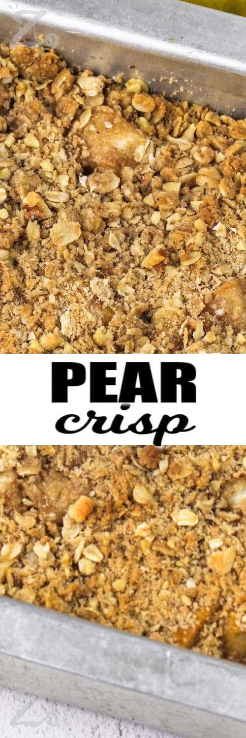 A pear crisp baked in a pan with text